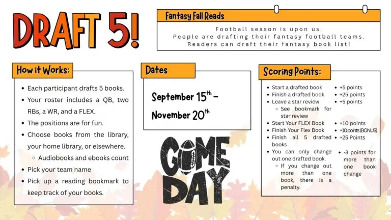 Draft 5 - Fantasy Fall Reads, Sep 15 to Nov 20. Come into the library for more details!