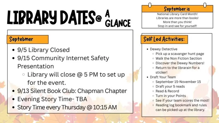 Overview: Closed Sept 5, Internet Safety Class Sept 15, Sept 13 Silent Book club, Evening Story hour TBA, other activities ...come into the library for details